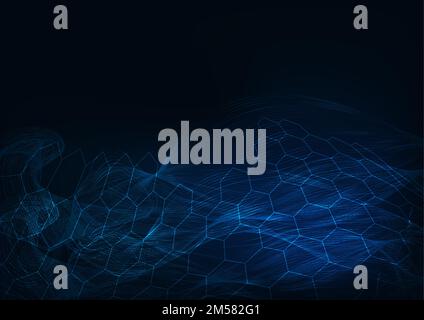 Futuristic glowing abstract dark blue background with honeycomb hexagons and wave lines and copy space for text. Stock Vector