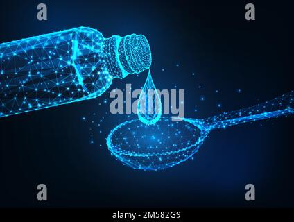 Futuristic glowing low polygonal medicine bottle, liquid drop and dosage spoon on dark blue background. Cough syrup, flu or cold remedy concept. Moder Stock Vector