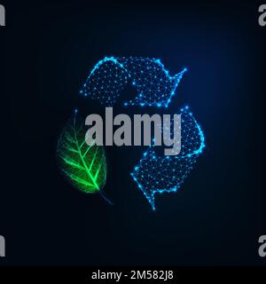 Futuristic glowing low polygonal recycle sign with green leaf made of lines, stars, triangles isolated on dark blue background. Environment conservati Stock Vector