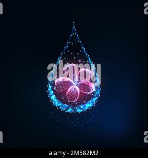 Futuristic glowing low polygonal water drop with abstract purple flower inside isolated on dark blue background. Essential oil, perfume, cosmetics con Stock Vector