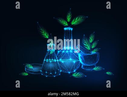 Futuristic environmentally friendly technology concept with glowing low polygonal chemical laboratory equipment and green plants on dark blue backgrou Stock Vector
