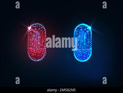 Futuristic glowing low polygonal red and blue medicines capsules isolated on dark blue background. Choice, dilemma, decision making concept. Modern wi Stock Vector