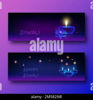 Happy diwali web banners template set with futuristic glowing low polygonal oil lamp diya, lotus flower and text on dark blue to purple background. Mo Stock Vector