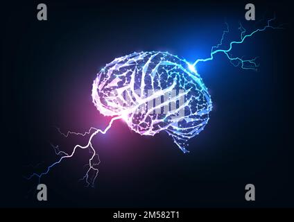 Human brain impulse concept. Futuristic glowing low polygonal brain and lightnings isolated on dark blue and purple background. Neurology, psychology, Stock Vector