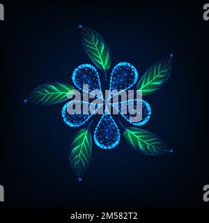 Futuristic glowing low polygonal five petal flower and green leaves made of lines, dots, stars, triangles isolated on dark blue background. Modern wir Stock Vector
