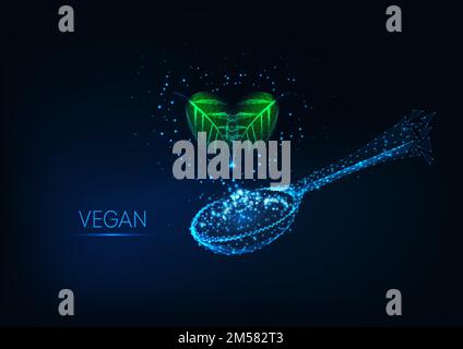 Futuristic vegan or vegetarian diet concept with glowing low polygonal green leaves in heart shape and spoon isolated on dark blue background. Modern Stock Vector