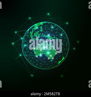 Futuristic green Australia map continent on planet Earth view from space abstract background. Low poly wireframe, lines and dots glowing design. Vecto Stock Vector