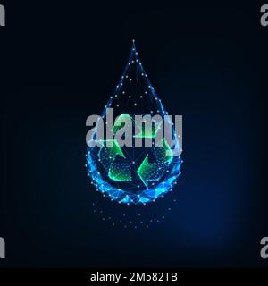 Futuristic glowing low polygonal water drop with recycle sign inside isolated on dark blue background. Sustainable resources, recycling concept. Moder Stock Vector