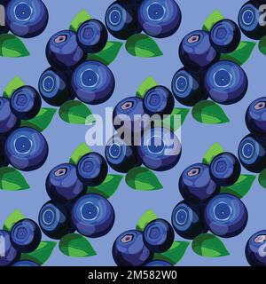 Fresh juicy blueberries with leaves seamless pattern. Cartoon style vector illustration. Stock Vector