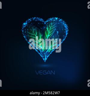 Futuristic glowing low polygonal heart with green leaves inside isolated on dark blue background. Vegan, nature love zero waste lifestyle concept. Mod Stock Vector
