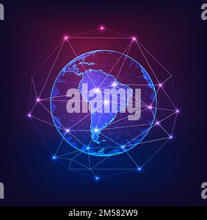 South America on Planet Earth view from space with continents outlines abstract background. Globalization, connection concept. Low poly wireframe, lin Stock Vector