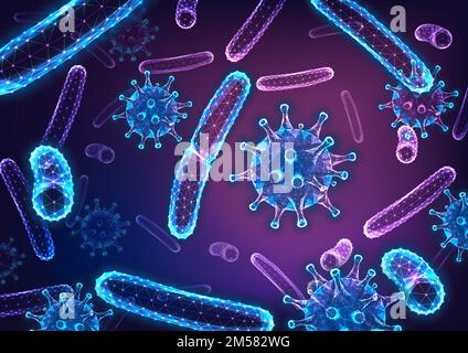 Futuristic glowing low polygonal abstract background with bacilli bacteria and flu virus cells under microscope on dark blue and purple. Epidemy conce Stock Vector