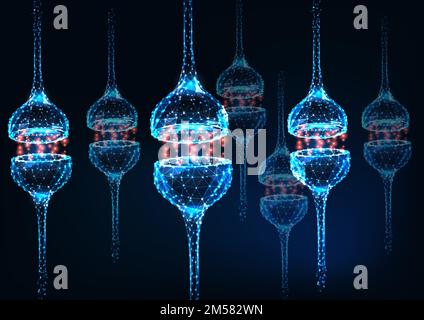 Futuristic glowing low polygonal neuron synapse on dark blue background. Human nervous system concept. Modern wireframe design vector illustration. Stock Vector