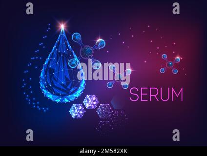 Futuristic glowing low polygonal cosmetic oil drop or serum and abstract molecular structure on dark blue and purple gradient background. Modern wiref Stock Vector