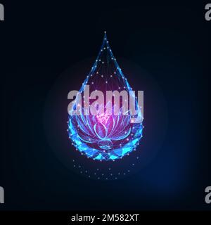Futuristic glowing low polygonal pink lotus, water lily flower inside of water drop isolated on dark blue background. Spirituality, harmony concept. M Stock Vector
