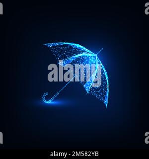 Futuristic glowing low polygonal umbrella made of lines, stars, particles, triangles isolated on dark blue background. Monsoon, weather change, protec Stock Vector