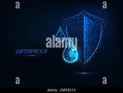 Futuristic waterproofing concept. Glowing low polygonal water drops and shield on dark blue background. Water repellent material. Modern wireframe des Stock Vector