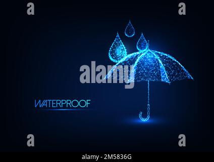 Futuristic glowing low polygonal umbrella and water drops isolated on dark blue background. Waterproofing concept. Modern wire fr Stock Vector