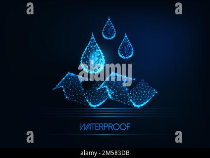 Futuristic waterproofing concept. Glowing low polygonal water drops and arrows on dark blue background. Water repellent material. Modern wireframe des Stock Vector