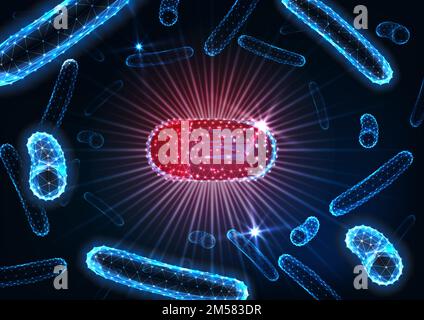 Antibiotics pills in bacteria medium concept. Futuristic glowing low polygonal drug capsule among bacilli microorganisms on dark blue background. Bact Stock Vector