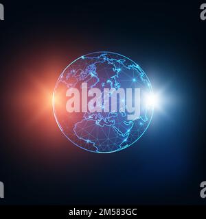 Futuristic glowing low polygonal planet Earth globe map with red and blue sparkles, stars, or expositions isolated on dark blue background. Business c Stock Vector