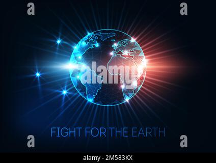 Fight for the Earth, climate change, global warming concept with futuristic glowing low polygonal World map globe, rays, stars, sparkles. Modern wiref Stock Vector
