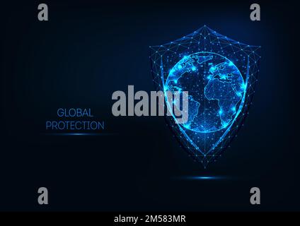Futuristic glowing low polygonal shield wand planet earth globe map isolated on dark blue background. Global data protection concept. Modern wireframe Stock Vector