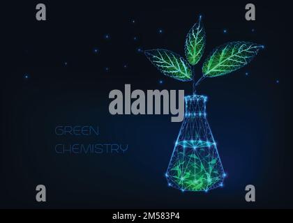 Green chemistry concept with glowing chemical beaker and plant with green leaves made of stars, lines, dots, triangles. Futuristic scientific backgrou Stock Vector