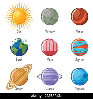 Solar system planets and the Sun with names isolated on white background. Educational astronomy for kids. Cartoon vector illustration in flat style. Stock Vector
