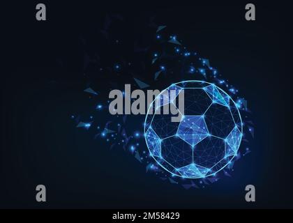 Soccer ball in action made of dots and lines, shiny stars and geometric shapes on dark blue background. Football championship symbol. Low poly, wirefr Stock Vector