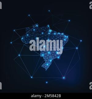 Brazil map outline with stars and lines abstract framework. Communication, connection concept.Modern futuristic low polygonal, wireframe, lines dots d Stock Vector