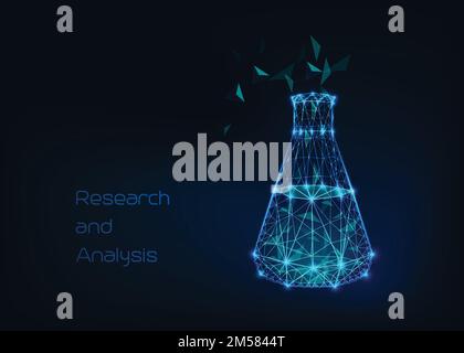 Scientific background with low poly wireframe beaker, test tube and abstract tetrahedral structure compound. Future science concept. Vector polygonal Stock Vector