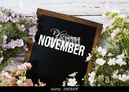 Welcome November text message with flower decoration on wooden background Stock Photo