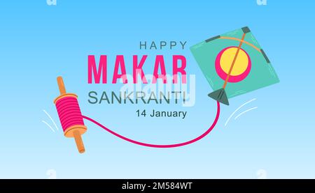 Happy Makar Sankranti vector design background wallpaper with colorful kite string for festival of India Stock Vector