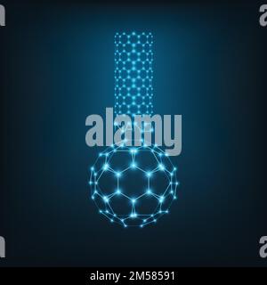 Nanoscience, nanotechnology concept with carbon nanotube and buckyball fullerene and word nano in shape of chemical beaker, test tube. Nano logo. Poly Stock Vector