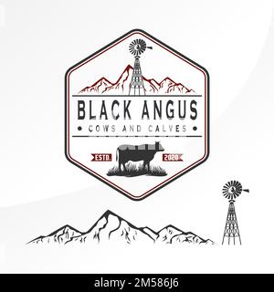 Simple and unique mountain, windmill, cow, and grass graphic icon logo design abstract concept vector stock. relating to mountain terrain Stock Vector