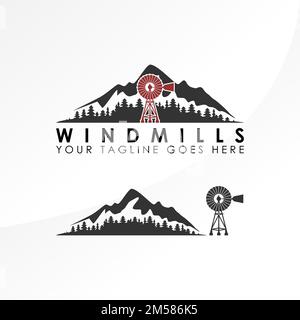 Simple and unique mountain and windmill image graphic icon logo design abstract concept vector stock. corporate symbol or relating to mountain terrain Stock Vector