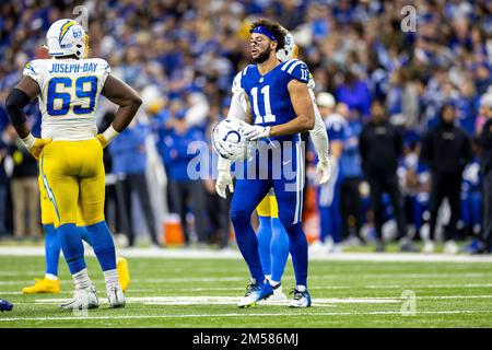 December 26, 2022: Indianapolis Colts wide receiver Michael Pittman Jr. (11) looses helmet during NFL game against the Los Angeles Chargers in Indianapolis, Indiana. John Mersits/CSM. Stock Photo