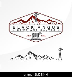 Simple and unique mountain, windmill, cow, and grass graphic icon logo design abstract concept vector stock. relating to mountain terrain Stock Vector