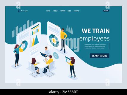 Isometric business concepts, staff training, increasing the knowledge of the organization's employees. Great concept for a Landing page. Stock Vector