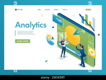 Young entrepreneurs are working with a chart on a tablet. Concept of data Analytics. 3d isometric. Landing page concepts and web design. Stock Vector