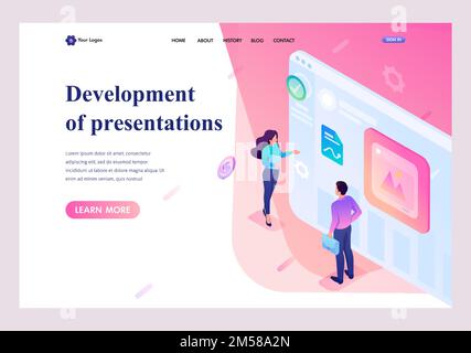 Isometric young people stand at the screen, creating presentations and web design. Template landing page. Stock Vector