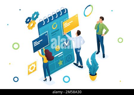 Young team of entrepreneurs is working on the creation of a business plan. Creating a business plan. 3d isometric Concept for web design. Stock Vector