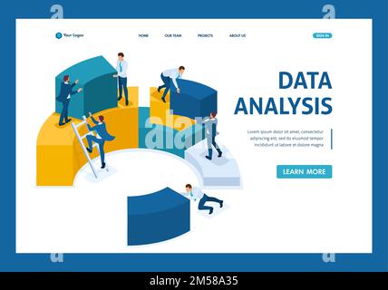Isometric data analysis, data collection for analytics, employees work. Template Landing page. Stock Vector