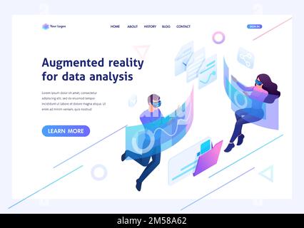 Isometric concept Young people use augmented reality and virtual glasses for data analysis.Template landing page for website. Stock Vector