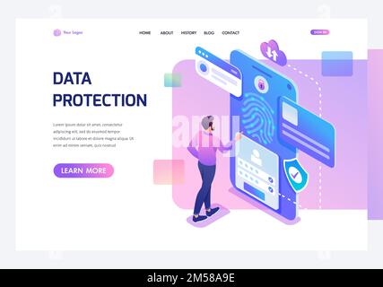 Isometric young man with mobile phone, data protection, biometric lock. Template landing page. Stock Vector