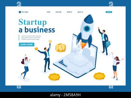 Isometric business startup, businessmen rejoice rocket take-off from laptop, business investment. Template Landing page. Stock Vector