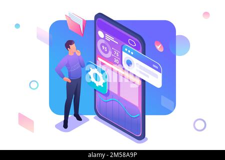 Young man is developing a Mobile application for data collection. Concept of modern technologies. 3d isometric Concept for web design. Stock Vector