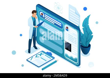 Doctor looks at the patient's electronic chart on the tablet. Health care concept. 3d isometric. Concept for web design-01. Stock Vector