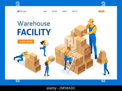 Isometric The work of movers in the warehouse, placing boxes, collecting goods. Template Landing page. Stock Vector